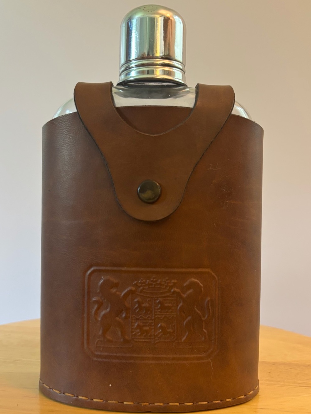 Irvinware Men's Brown Leather-Wrapped Flask with Snap Closure